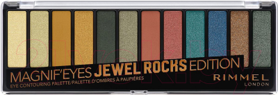 

Палетка теней для век Rimmel, Зелeный;коричневый;розовый;синий;золотистый;персиковый;жeлтый;бирюзовый, Magnif'eyes Jewel Rocks Eye Contouring Palette тон 009