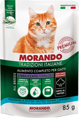 Влажный корм для кошек Morando Tradizioni It Для стерил. С рыбой и креветками кусочки в соусе (85г) - 