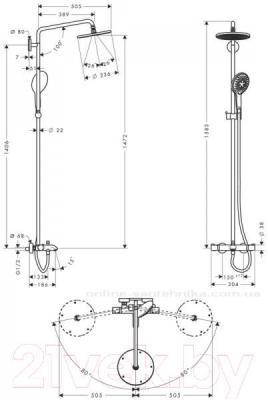 Душевая система Hansgrohe Raindance Select 240 Showerpipe 27117000 - габаритные размеры