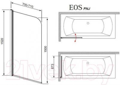 Стеклянная шторка для ванны Radaway EOS PNJ 70/R / 205101-101R - габаритные размеры