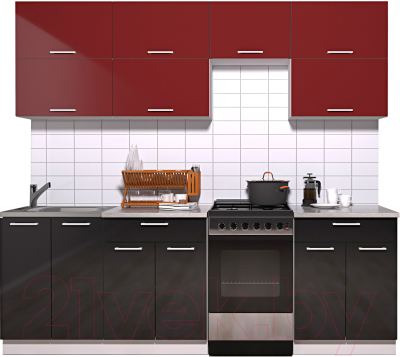 Готовая кухня Интерлиния Мила Gloss 50-23 (бордовый/черный глянец)
