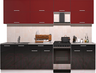 Готовая кухня Интерлиния Мила Gloss 50-27 (бордовый/черный глянец)
