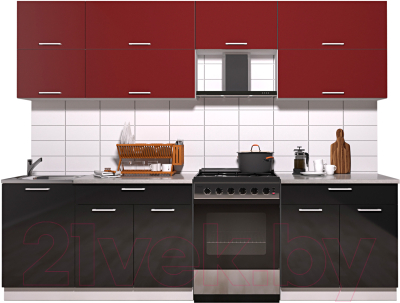 Готовая кухня Интерлиния Мила Gloss 60-27 (бордовый/черный глянец)