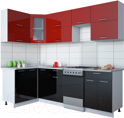 Готовая кухня Интерлиния Gloss 50-12x25 (бордовый/черный глянец)