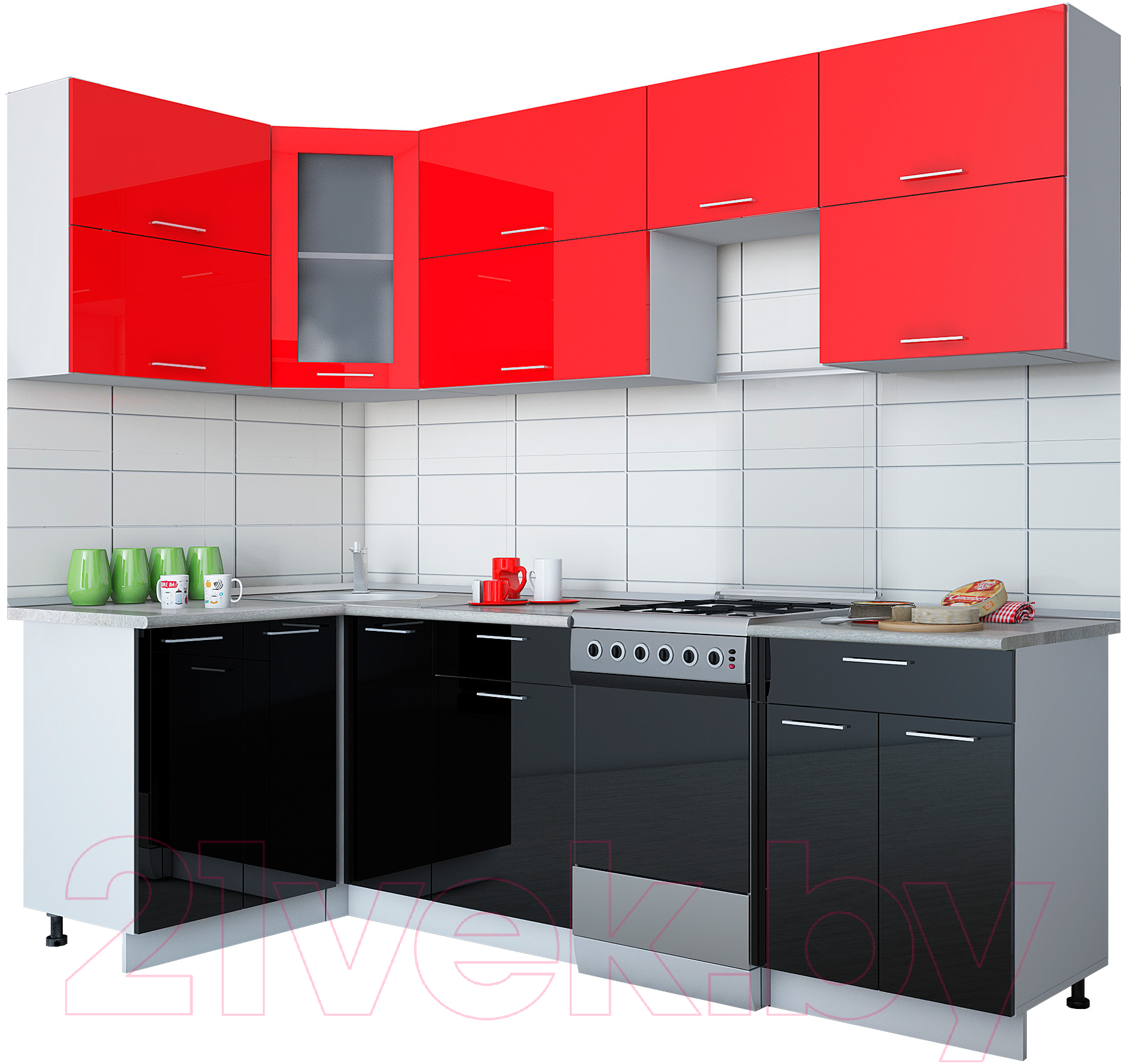 Кухонный гарнитур Interline Мила Gloss 50-12x25 (красный/черный глянец)