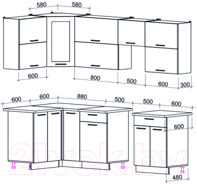 Кухонный гарнитур Интерлиния Мила Gloss 50-12x25 (красный/черный глянец)