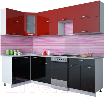 Готовая кухня Интерлиния Мила Gloss 50-12x26 (бордовый/черный глянец)
