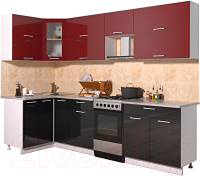 Кухонный гарнитур Интерлиния Мила Gloss 50-12x27 (бордовый/черный глянец)