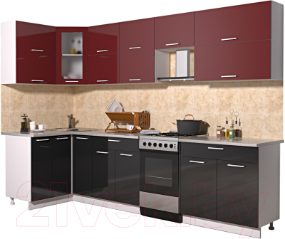 Готовая кухня Интерлиния Мила Gloss 50-12x29 (бордовый/черный глянец)