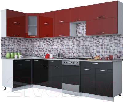Готовая кухня Интерлиния Мила Gloss 50-12x30 (бордовый/черный глянец)