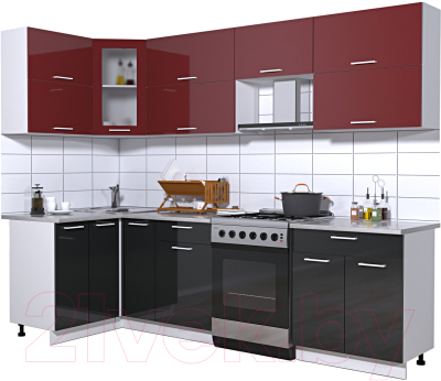 Готовая кухня Интерлиния Мила Gloss 60-12x27 (бордовый/черный глянец)