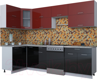 Готовая кухня Интерлиния Мила Gloss 60-12x28 (бордовый/черный глянец)