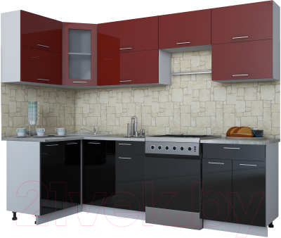 Готовая кухня Интерлиния Мила Gloss 60-12x26 (бордовый/черный глянец)