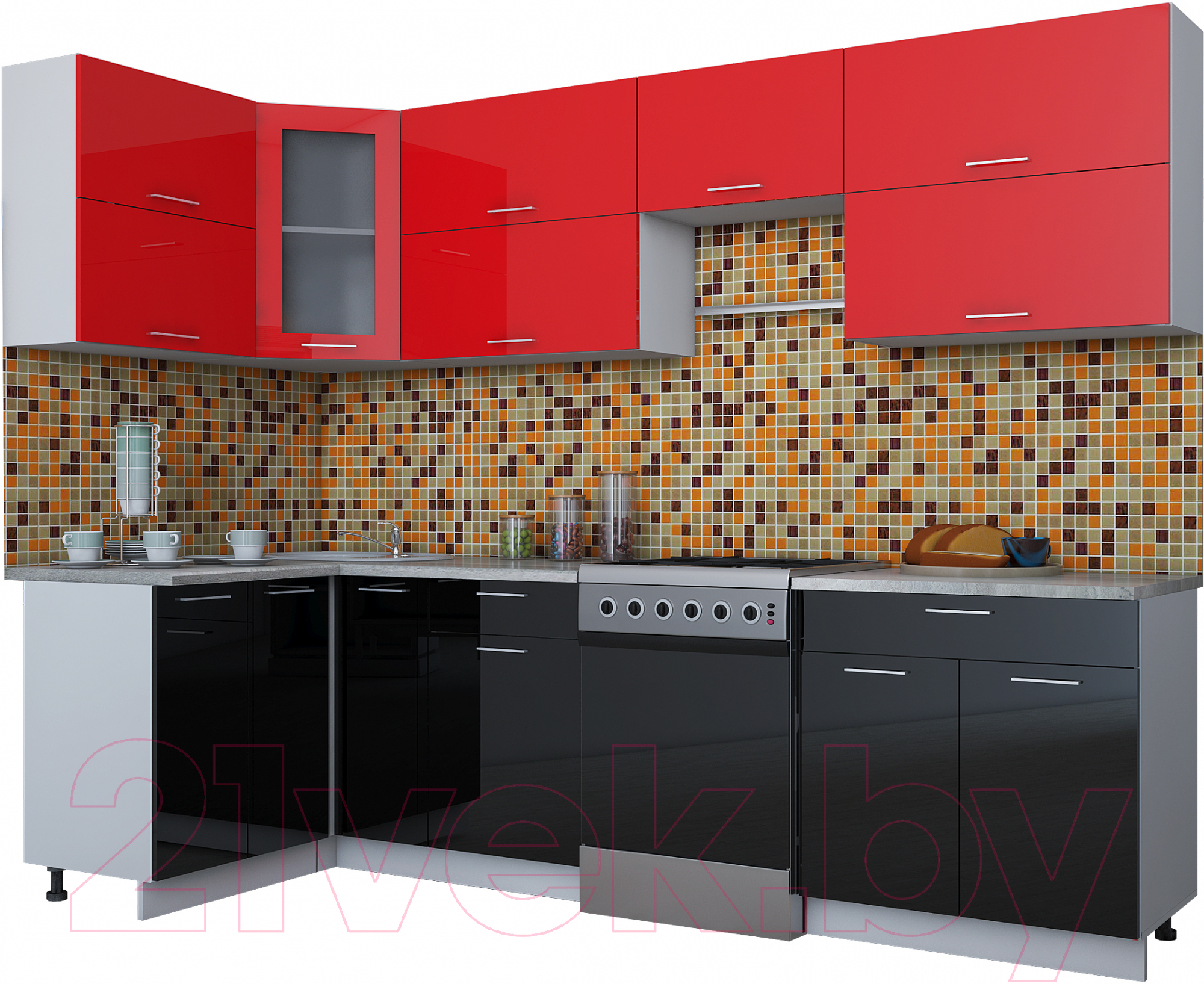 Готовая кухня Интерлиния Мила Gloss 60-12x28 (красный/черный глянец)