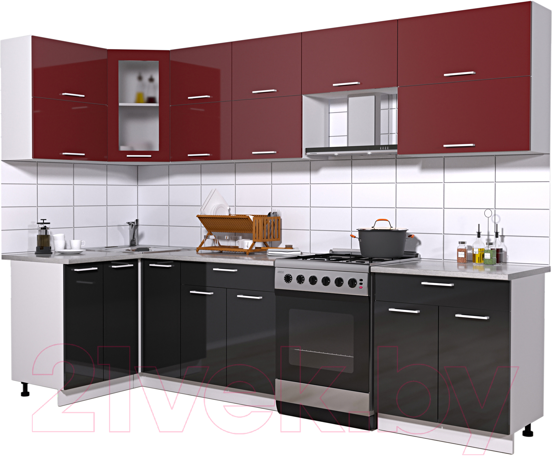 Кухонный гарнитур Interline Мила Gloss 60-12x29 (бордовый/черный глянец)