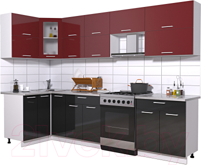 Кухонный гарнитур Интерлиния Мила Gloss 60-12x29 (бордовый/черный глянец)