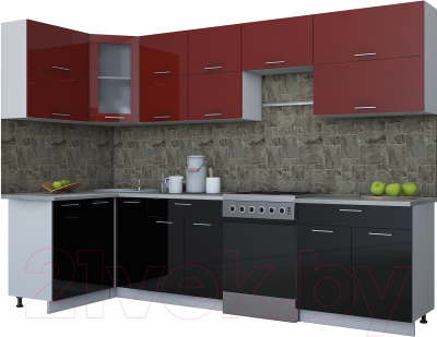 Кухонный гарнитур Интерлиния Мила Gloss 60-12x30 (бордовый/черный глянец)