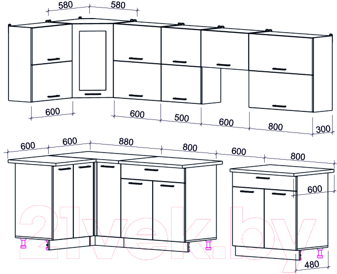 Готовая кухня Интерлиния Мила Gloss 60-12x31 (белый/асфальт глянец)