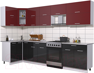 Готовая кухня Интерлиния Мила Gloss 60-12x31 (бордовый/черный глянец)