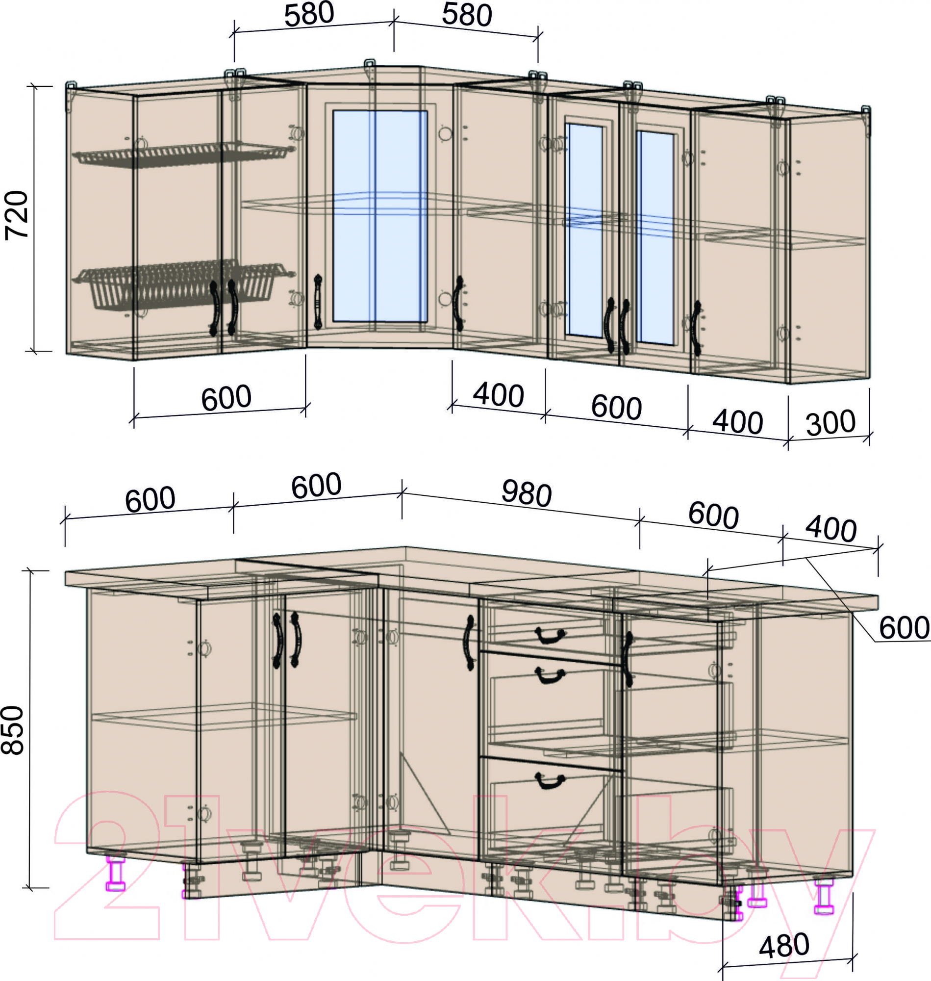 Готовая кухня Интерлиния Мила Крафт 1.2x2.0 (дуб английский)