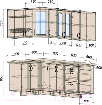 Готовая кухня Интерлиния Мила Крафт 1.2x2.1 (дуб английский)