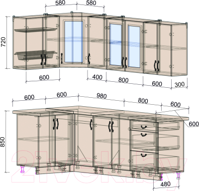 Готовая кухня Интерлиния Мила Крафт 1.2x2.4 (дуб полярный)