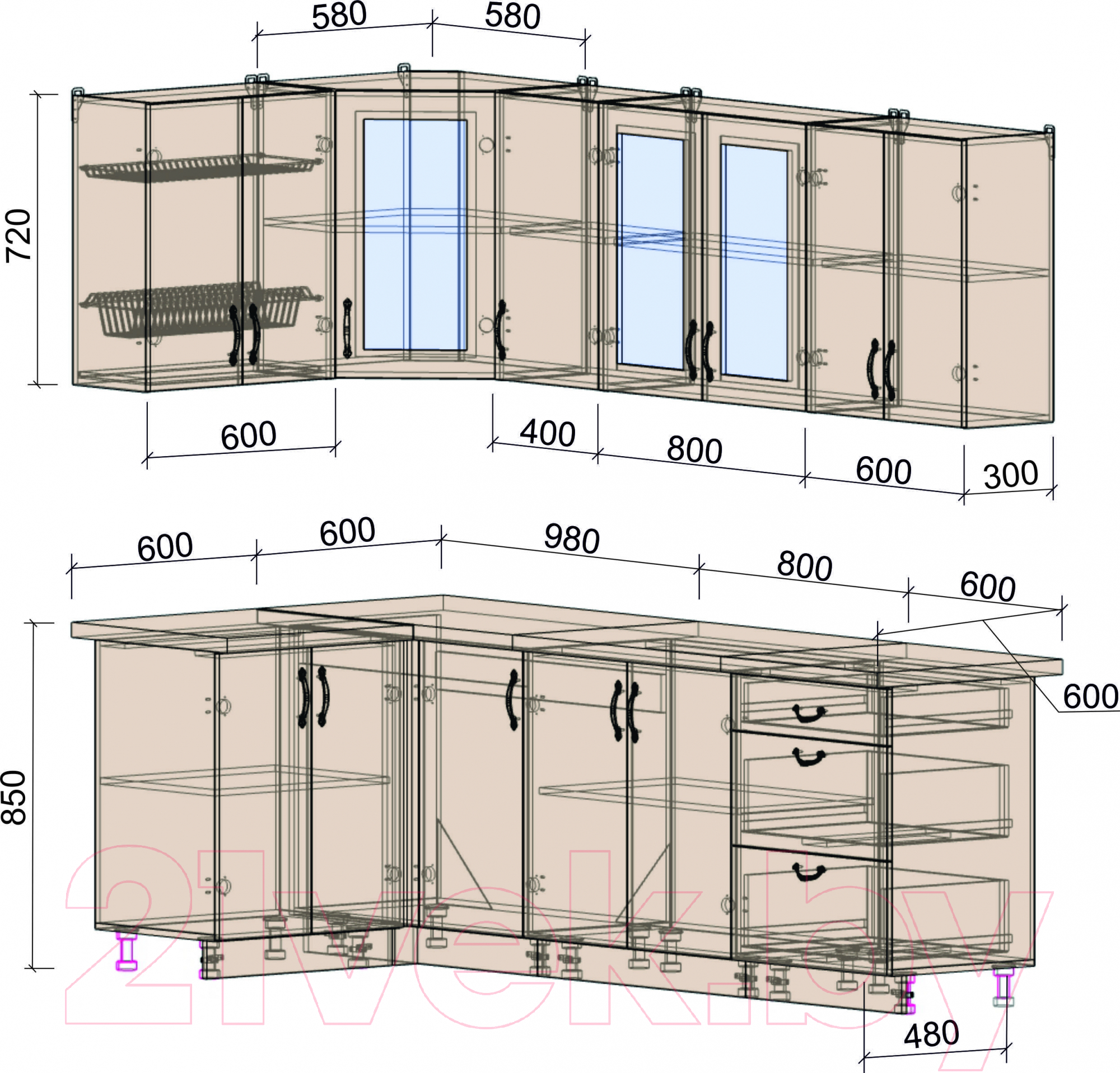 Готовая кухня Интерлиния Мила Крафт 1.2x2.4 (дуб снежный)