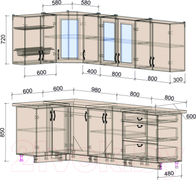 Кухонный гарнитур Интерлиния Мила Крафт 1.2x2.6 (дуб английский)