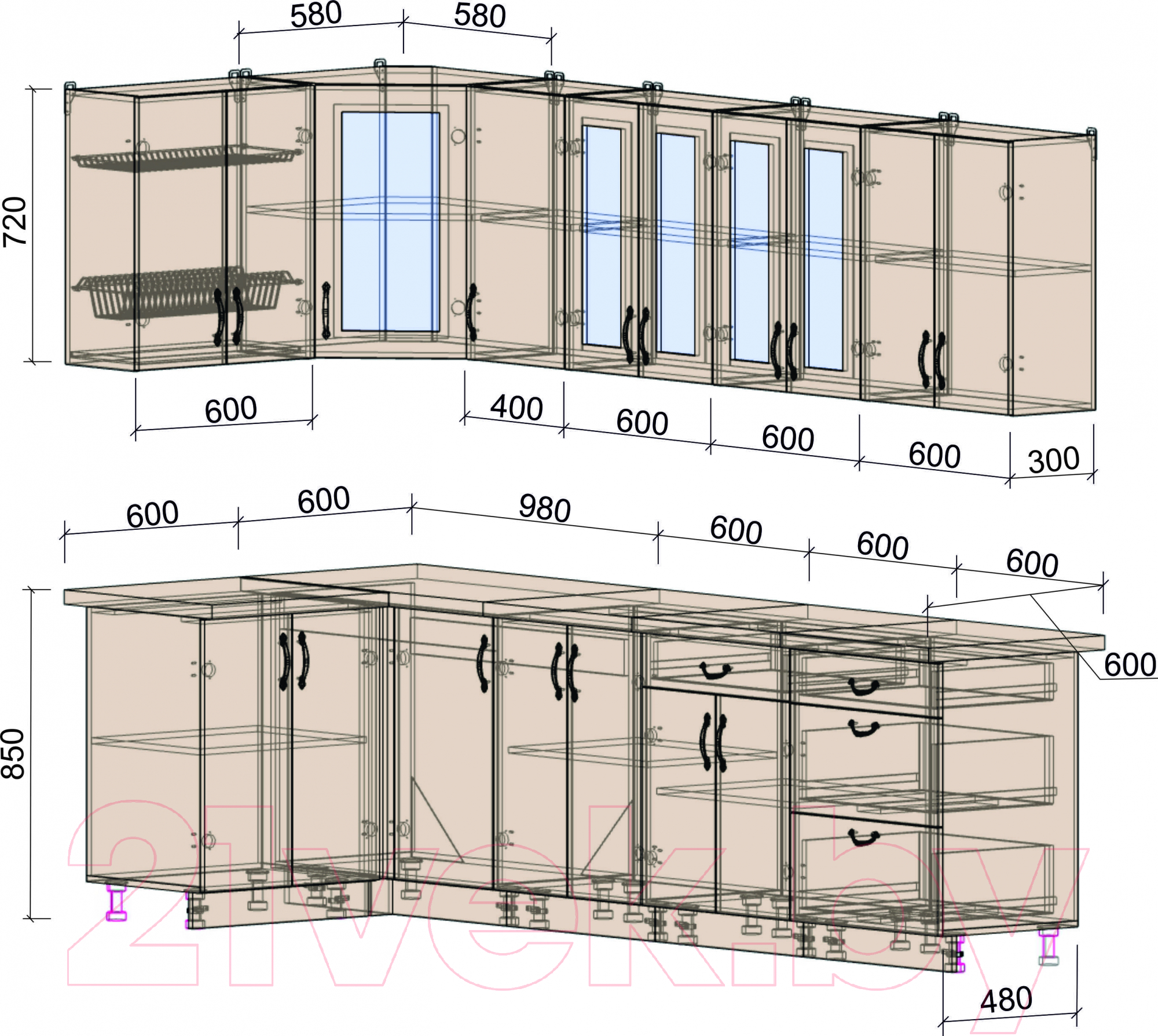 Готовая кухня Интерлиния Мила Крафт 1.2x2.8 (дуб английский)