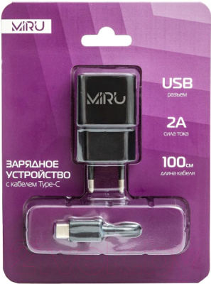 Зарядное устройство сетевое Miru 2А USB - type C / 5024 (черный)