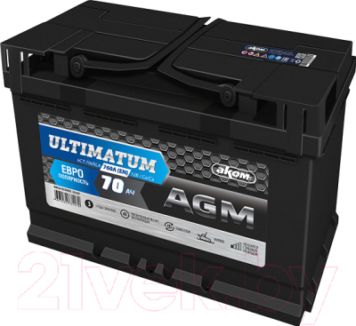 Автомобильный аккумулятор AKOM Ultimatum AGM Евро / 6СТ-70VRLA (70 А/ч)