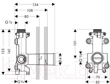 Встраиваемый механизм смесителя Axor Shower Collection 10971180 - технический чертеж