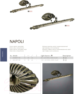 Подсветка для картин и зеркал Arte Lamp Napoli A6312AP-1AB