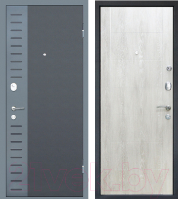 Входная дверь МеталЮр М28 Черный бархат/серый металик/дуб шале снежный (86х205, правая)