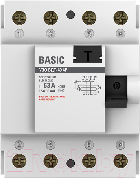 Устройство защитного отключения EKF Basic ВД-40 4P 63А 30мА / elcb-4-63-30e-sim