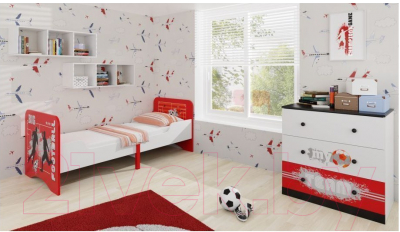 Односпальная кровать детская Polini Kids Fun 3200 раздвижная Футбол (красный)