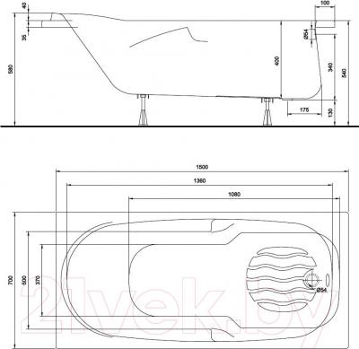 Ванна акриловая Kolo Diuna 150x70 (с ножками) - схема