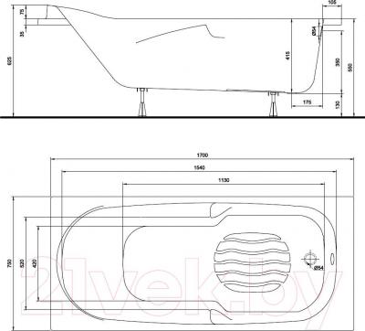 Ванна акриловая Kolo Diuna 170x75 (с ножками) - схема