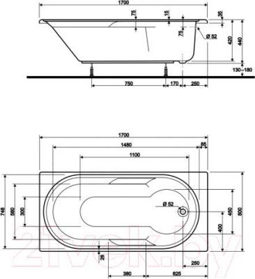 Ванна акриловая Kolo Laguna 170x80 (с ножками) - схема