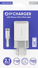 Зарядное устройство сетевое Atomic U207I (IPhone/IPad 8 Pin Cable) (белый)
