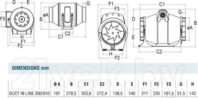 Вентилятор накладной Cata Duct In-Line 200/910 - схема