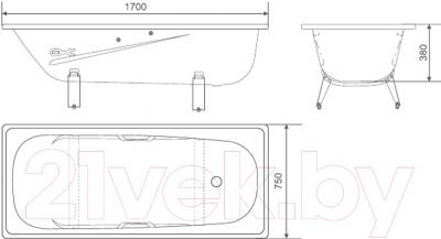 Ванна стальная White Wave Italica 170x75 (с подлокотником и ручками) - схема