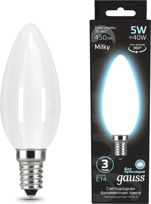 Лампа Gauss Filament Свеча 5W 450lm 4100К Е14 Milky / 103201205 - 