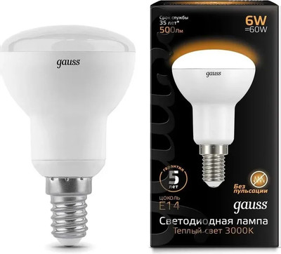 Лампа Gauss R50 6W 500lm 3000K Е14 / 106001106 -