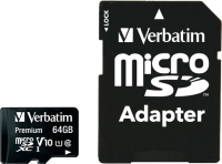 Карта памяти Verbatim microSDXC 64GB UHS-1 Class 10 + SD адаптер (44084)