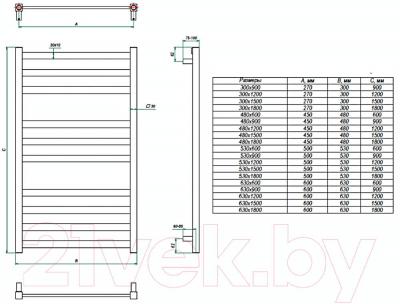 Полотенцесушитель водяной Grota Vento 90x48 - габаритные размеры