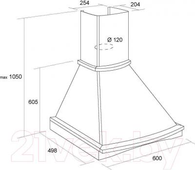 Вытяжка купольная Pyramida R 60U (слоновая кость-орех) - технический чертеж с указанием размеров