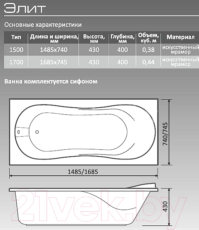 Ванна из искусственного мрамора Belux Элит 1500