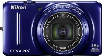 Компактный фотоаппарат Nikon Coolpix S9300 Blue - вид спереди
