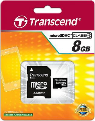 Карта памяти Transcend microSDHC (Class 4) 8GB + адаптер (TS8GUSDHC4) - общий вид 